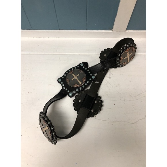 3D LEATHER BELT Cross MEDALLIONS Women’s Size L Large 34-39” Cats Eye Stones New main image 7